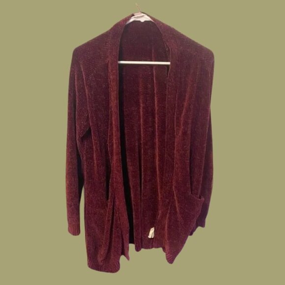 Rich Burgundy Plush Open-Front Chenille Cardigan (Revamped) — Size L - Picture 2 of 6